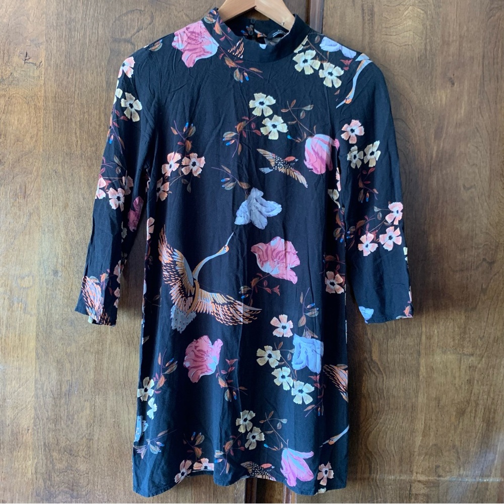 ZARA Black Floral Crane Midi Dress